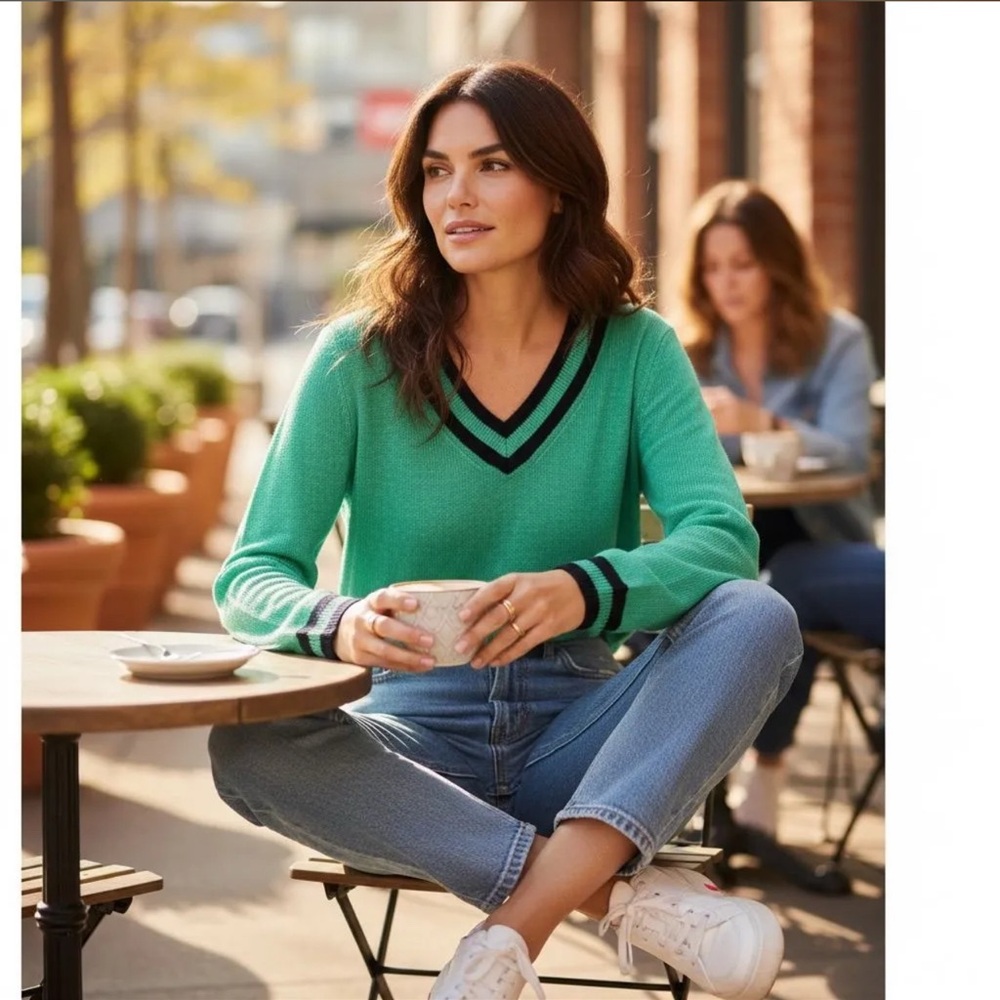 Sz 1X Talbots NWOT $120 MSRP 100% Linen Green TIPPED V-NECK SWEATER